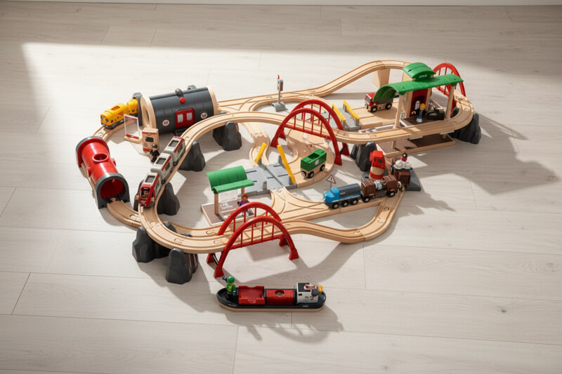 Overhead view of a detailed Brio World railway layout